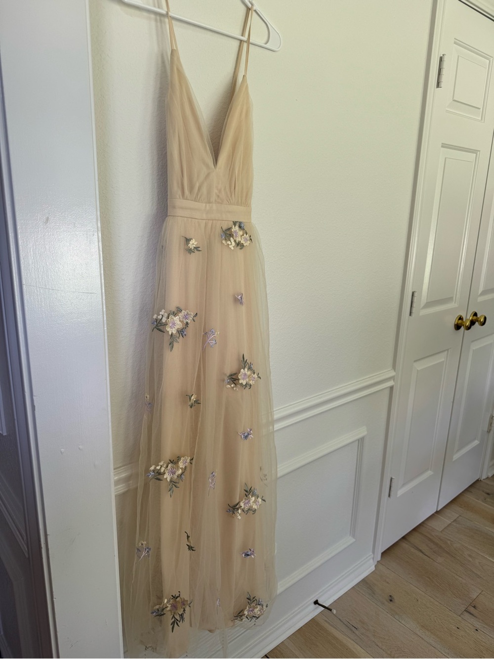 Lulu's Blush Cream Gown with Flower Appliqué
